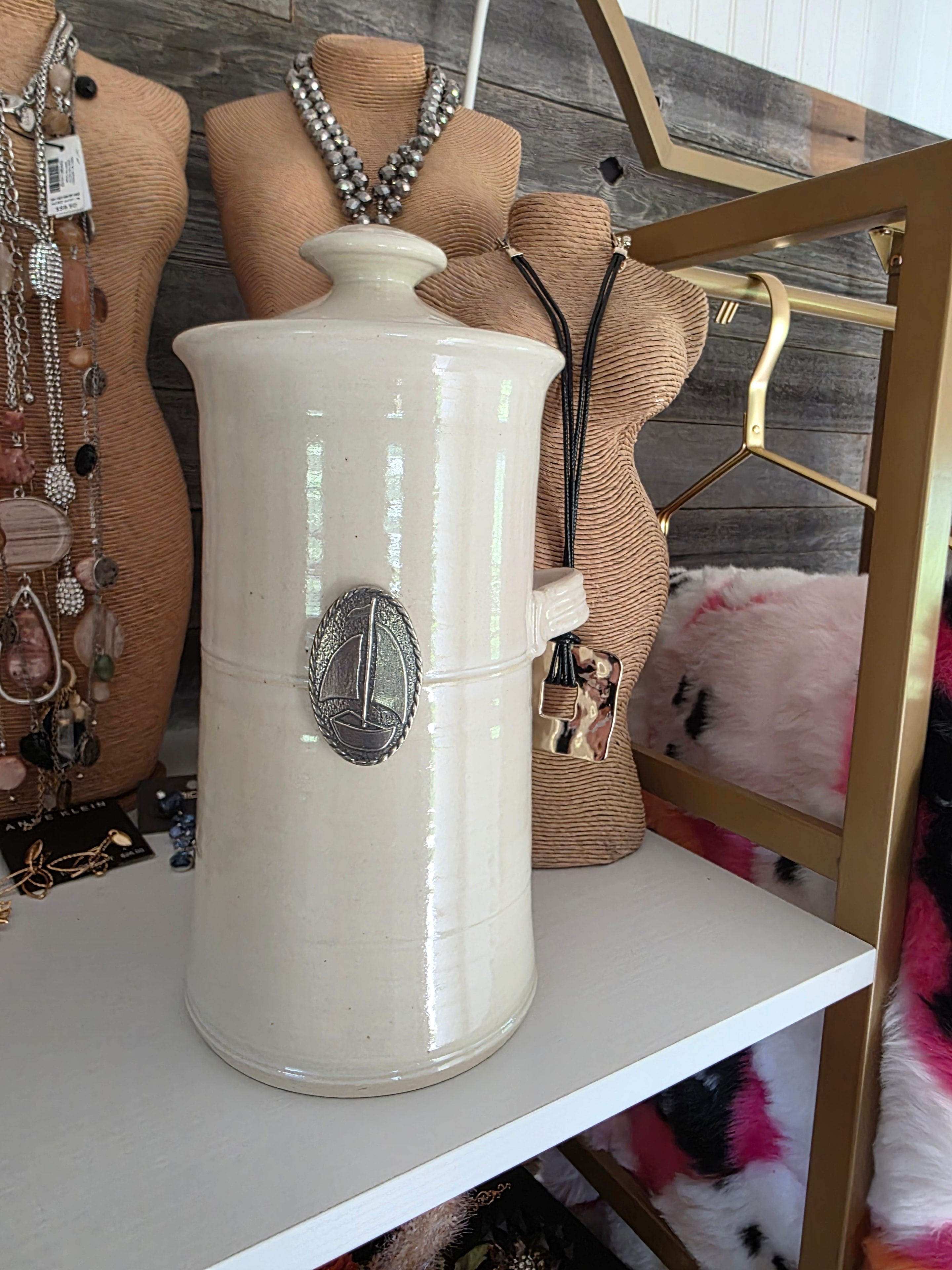 Cream Ceramic Canister with Sailboat Medallion